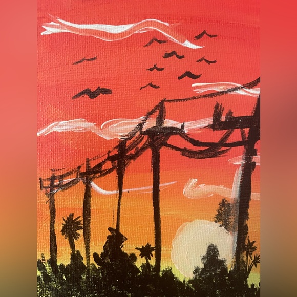 Sunset sky with birds and telephone lines painting - Picture 2 of 5